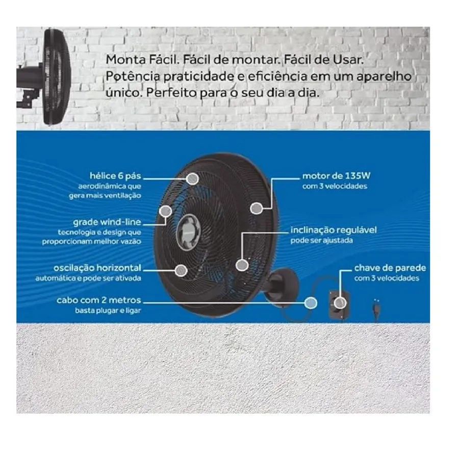 Ventilador de Parede Oscilante Monta Fácil Ventisol