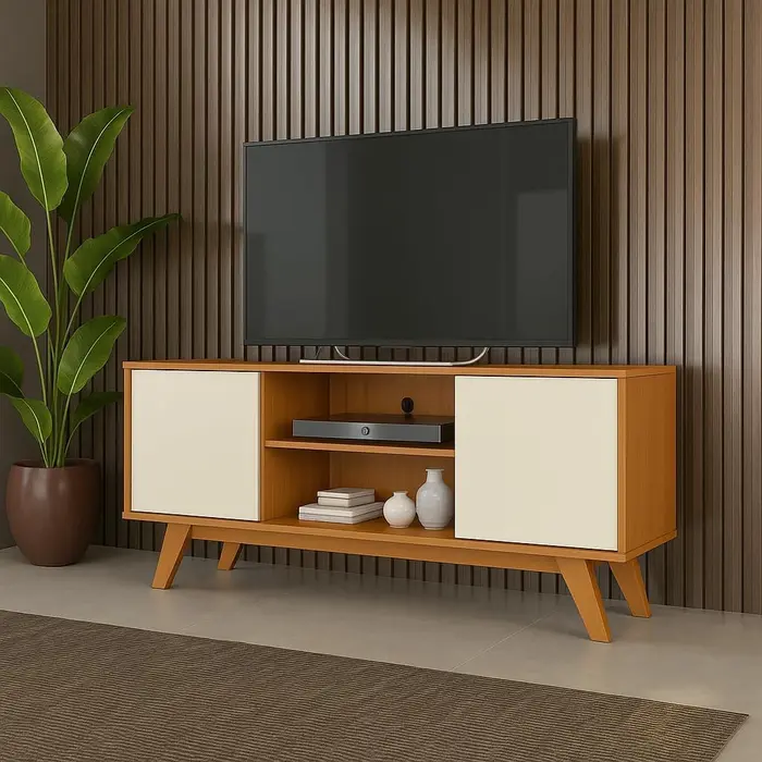 Rack Turim para Sala de Estar - 2 Portas e Nichos para TV até 50" - Pés Retrô em Madeira Cedro/Off