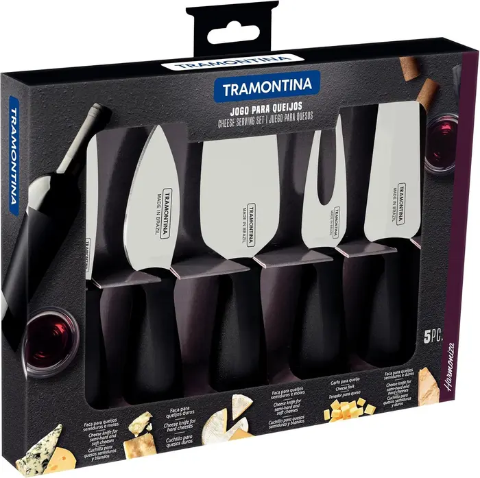Jogo para Queijo Harmoniza 5 Peças Tramontina Lâminas Inox Cabos Polipropileno Preto