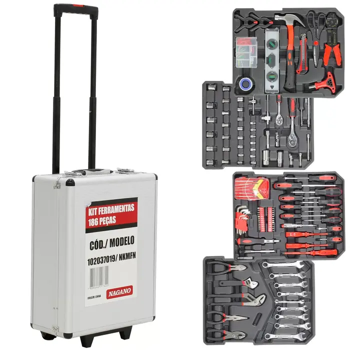 Kit Maleta de Ferramentas Cromo Vanadium com Rodas 186 Peças