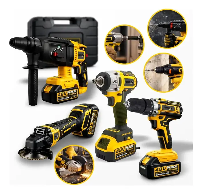 Kit Multi Ferramentas 4 Em 1 48v Sem Fio Com 2 Baterias Furadeira Parafusadeira Martelete Esmerilhadeira Chave De Impacto Com Maleta Alta Potência Uso