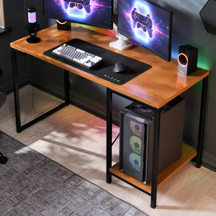 Escrivaninha Gamer Tokyo Mdf Mesa Para Computador Home Office E Estudos Com Suporte Para Cpu E Prateleira Lateral Estrutura Em Aço Estilo Industrial D